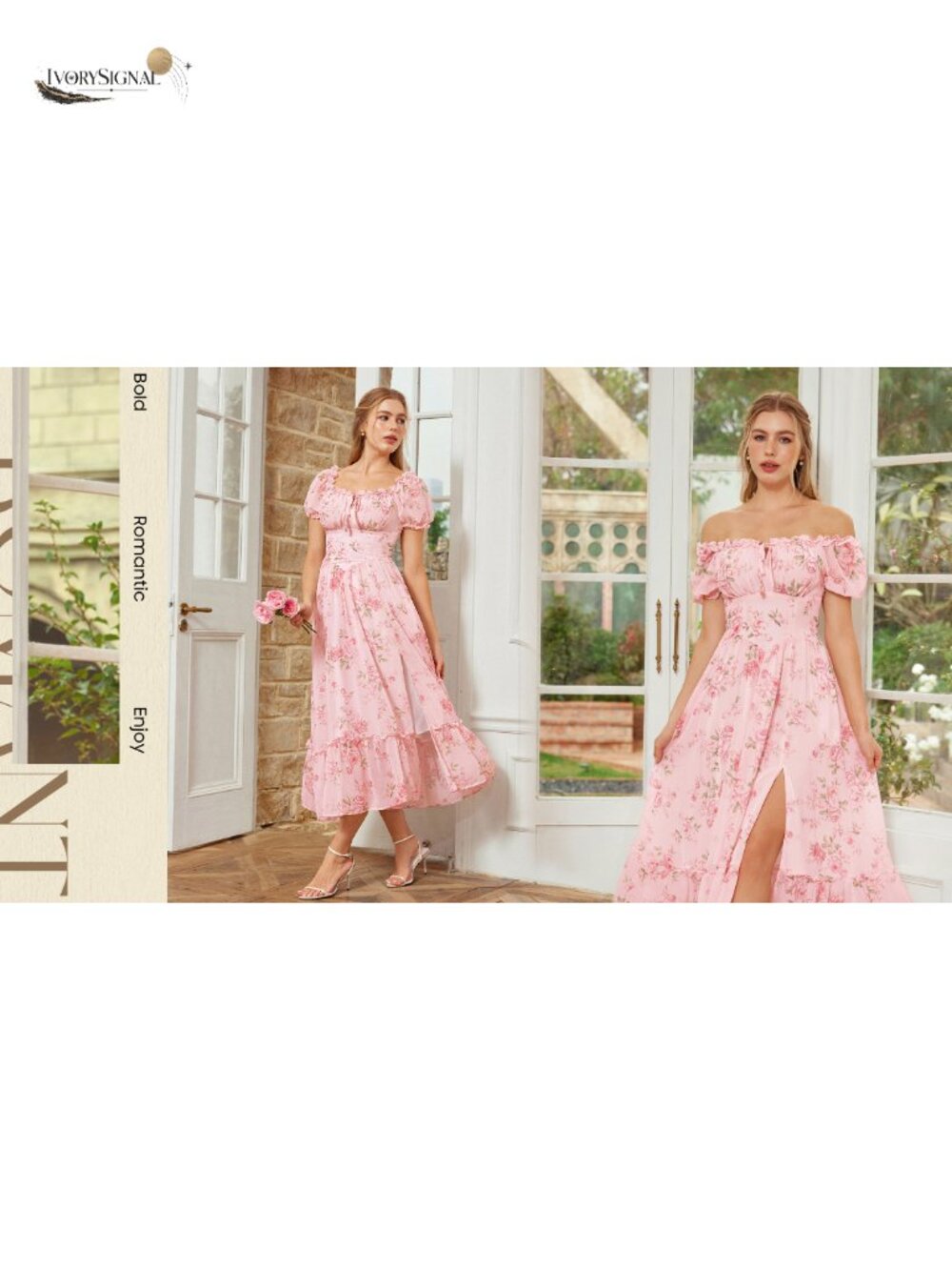 Floral Corset Midi Dress Puff Sleeve Off Shoulder A-Line Summer - Picture 6 of 6